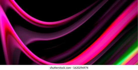 Abstract silk smooth lines on black, multicolored liquid fluid rainbow style waves on black. Vector Illustrations For Wallpaper, Banner, Background, Card, Book, Illustration, landing page, cover