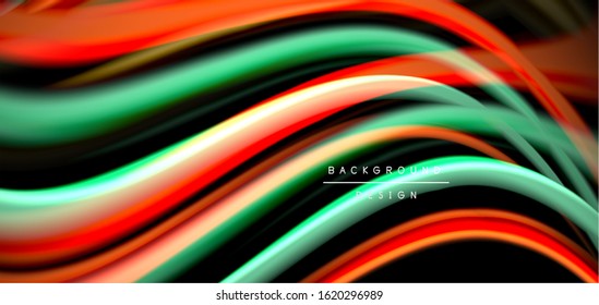 Abstract silk smooth lines on black, multicolored liquid fluid rainbow style waves on black. Vector Illustrations For Wallpaper, Banner, Background, Card, Book, Illustration, landing page, cover