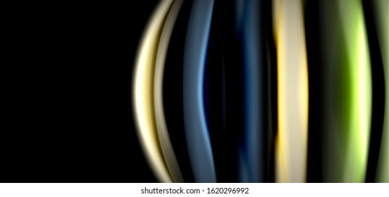 Abstract silk smooth lines on black, multicolored liquid fluid rainbow style waves on black. Vector Illustrations For Wallpaper, Banner, Background, Card, Book, Illustration, landing page, cover
