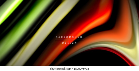 Abstract silk smooth lines on black, multicolored liquid fluid rainbow style waves on black. Vector Illustrations For Wallpaper, Banner, Background, Card, Book, Illustration, landing page, cover