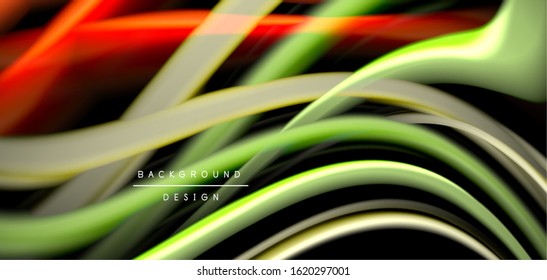 Resumen de líneas suaves de seda sobre ondas negras multicolores de estilo arco iris líquido sobre negro. Ilustraciones vectoriales para papel tapiz, cartel, fondo, tarjeta, libro, ilustración, página de inicio, portada