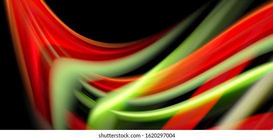 Resumen de líneas suaves de seda sobre ondas negras multicolores de estilo arco iris líquido sobre negro. Ilustraciones vectoriales para papel tapiz, cartel, fondo, tarjeta, libro, ilustración, página de inicio, portada