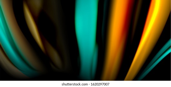 Resumen de líneas suaves de seda sobre ondas negras multicolores de estilo arco iris líquido sobre negro. Ilustraciones vectoriales para papel tapiz, cartel, fondo, tarjeta, libro, ilustración, página de inicio, portada