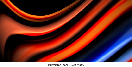Abstrakte Seide glatte Linien auf schwarzen, mehrfarbigen flüssigen Regenbogenwellen auf Schwarz. Vektorgrafiken für Bildschirmhintergründe, Banner, Hintergrund, Karte, Buch, Illustrationen, Landungsseiten, Deckblatt