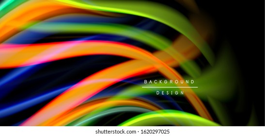 Resumen de líneas suaves de seda sobre ondas negras multicolores de estilo arco iris líquido sobre negro. Ilustraciones vectoriales para papel tapiz, cartel, fondo, tarjeta, libro, ilustración, página de inicio, portada