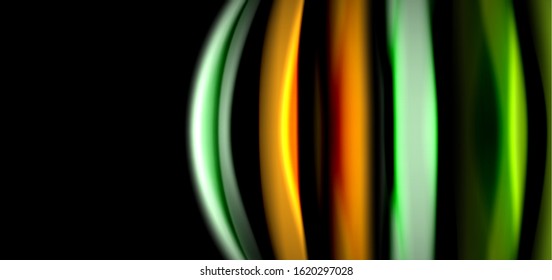 Resumen de líneas suaves de seda sobre ondas negras multicolores de estilo arco iris líquido sobre negro. Ilustraciones vectoriales para papel tapiz, cartel, fondo, tarjeta, libro, ilustración, página de inicio, portada