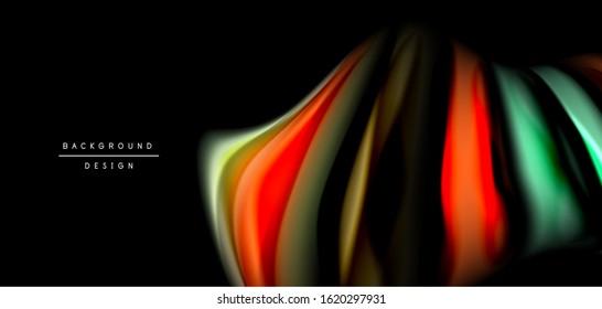 Abstract silk smooth lines on black, multicolored liquid fluid rainbow style waves on black. Vector Illustrations For Wallpaper, Banner, Background, Card, Book, Illustration, landing page, cover