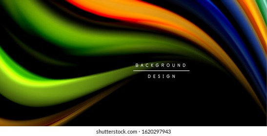 Abstract silk smooth lines on black, multicolored liquid fluid rainbow style waves on black. Vector Illustrations For Wallpaper, Banner, Background, Card, Book, Illustration, landing page, cover