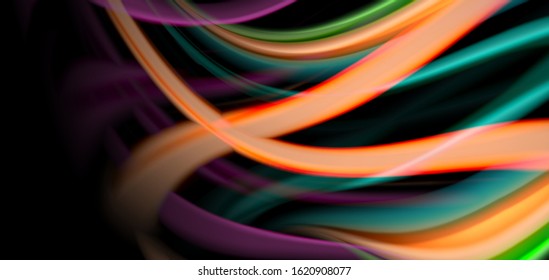Abstract silk smooth lines on black, multicolored liquid fluid rainbow style waves on black. Vector Illustrations For Wallpaper, Banner, Background, Card, Book, Illustration, landing page, cover
