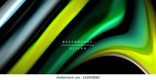 Abstract silk smooth lines on black, multicolored liquid fluid rainbow style waves on black. Vector Illustrations For Wallpaper, Banner, Background, Card, Book, Illustration, landing page, cover