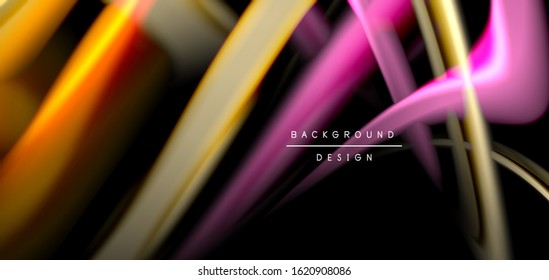 Abstrakte Seide glatte Linien auf schwarzen, mehrfarbigen flüssigen Regenbogenwellen auf Schwarz. Vektorgrafiken für Bildschirmhintergründe, Banner, Hintergrund, Karte, Buch, Illustrationen, Landungsseiten, Deckblatt