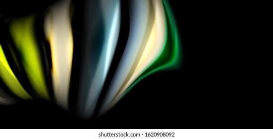 Abstract silk smooth lines on black, multicolored liquid fluid rainbow style waves on black. Vector Illustrations For Wallpaper, Banner, Background, Card, Book, Illustration, landing page, cover