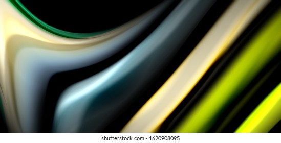 Abstract silk smooth lines on black, multicolored liquid fluid rainbow style waves on black. Vector Illustrations For Wallpaper, Banner, Background, Card, Book, Illustration, landing page, cover