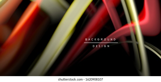 Abstract silk smooth lines on black, multicolored liquid fluid rainbow style waves on black. Vector Illustrations For Wallpaper, Banner, Background, Card, Book, Illustration, landing page, cover