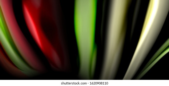 Resumen de líneas suaves de seda sobre ondas negras multicolores de estilo arco iris líquido sobre negro. Ilustraciones vectoriales para papel tapiz, cartel, fondo, tarjeta, libro, ilustración, página de inicio, portada
