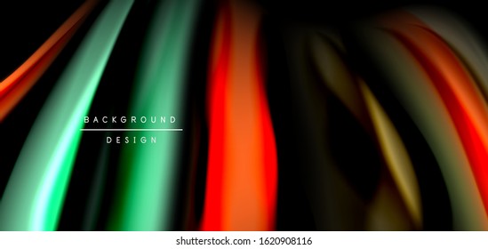Abstract silk smooth lines on black, multicolored liquid fluid rainbow style waves on black. Vector Illustrations For Wallpaper, Banner, Background, Card, Book, Illustration, landing page, cover