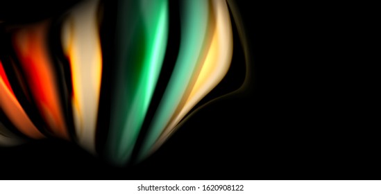 Resumen de líneas suaves de seda sobre ondas negras multicolores de estilo arco iris líquido sobre negro. Ilustraciones vectoriales para papel tapiz, cartel, fondo, tarjeta, libro, ilustración, página de inicio, portada