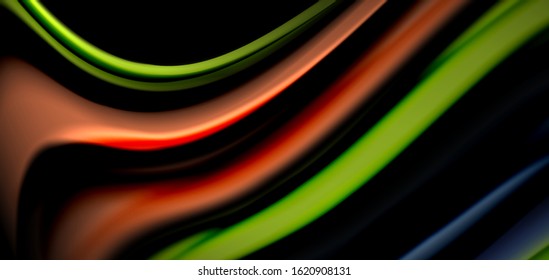 Resumen de líneas suaves de seda sobre ondas negras multicolores de estilo arco iris líquido sobre negro. Ilustraciones vectoriales para papel tapiz, cartel, fondo, tarjeta, libro, ilustración, página de inicio, portada
