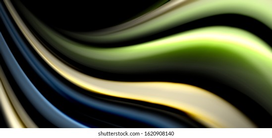 Abstract silk smooth lines on black, multicolored liquid fluid rainbow style waves on black. Vector Illustrations For Wallpaper, Banner, Background, Card, Book, Illustration, landing page, cover