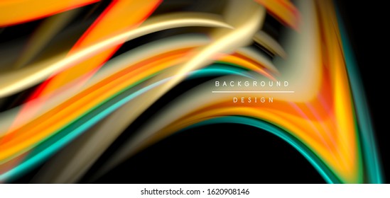 Abstract silk smooth lines on black, multicolored liquid fluid rainbow style waves on black. Vector Illustrations For Wallpaper, Banner, Background, Card, Book, Illustration, landing page, cover