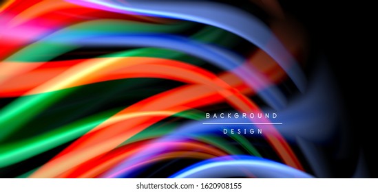 Resumen de líneas suaves de seda sobre ondas negras multicolores de estilo arco iris líquido sobre negro. Ilustraciones vectoriales para papel tapiz, cartel, fondo, tarjeta, libro, ilustración, página de inicio, portada