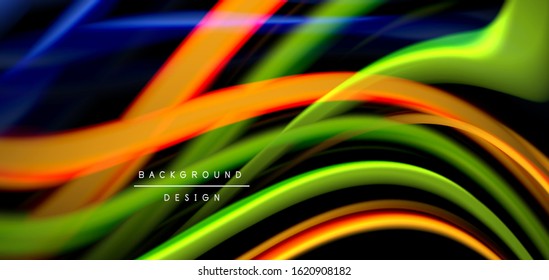 Abstract silk smooth lines on black, multicolored liquid fluid rainbow style waves on black. Vector Illustrations For Wallpaper, Banner, Background, Card, Book, Illustration, landing page, cover