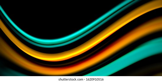 Abstrakte Seide glatte Linien auf schwarzen, mehrfarbigen flüssigen Regenbogenwellen auf Schwarz. Vektorgrafiken für Bildschirmhintergründe, Banner, Hintergrund, Karte, Buch, Illustrationen, Landungsseiten, Deckblatt