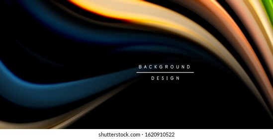 Abstract silk smooth lines on black, multicolored liquid fluid rainbow style waves on black. Vector Illustrations For Wallpaper, Banner, Background, Card, Book, Illustration, landing page, cover