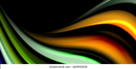Resumen de líneas suaves de seda sobre ondas negras multicolores de estilo arco iris líquido sobre negro. Ilustraciones vectoriales para papel tapiz, cartel, fondo, tarjeta, libro, ilustración, página de inicio, portada