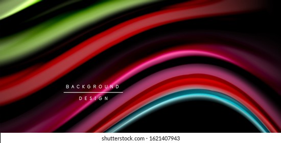 Resumen de líneas suaves de seda sobre ondas negras multicolores de estilo arco iris líquido sobre negro. Ilustraciones vectoriales para papel tapiz, cartel, fondo, tarjeta, libro, ilustración, página de inicio, portada