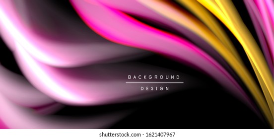 Abstract silk smooth lines on black, multicolored liquid fluid rainbow style waves on black. Vector Illustrations For Wallpaper, Banner, Background, Card, Book, Illustration, landing page, cover