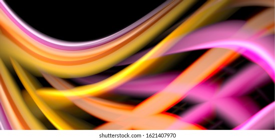 Abstract silk smooth lines on black, multicolored liquid fluid rainbow style waves on black. Vector Illustrations For Wallpaper, Banner, Background, Card, Book, Illustration, landing page, cover