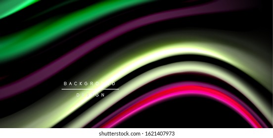 Abstract silk smooth lines on black, multicolored liquid fluid rainbow style waves on black. Vector Illustrations For Wallpaper, Banner, Background, Card, Book, Illustration, landing page, cover