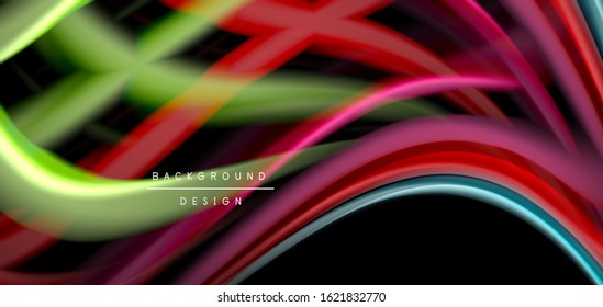 Abstract silk smooth lines on black, multicolored liquid fluid rainbow style waves on black. Vector Illustrations For Wallpaper, Banner, Background, Card, Book, Illustration, landing page, cover