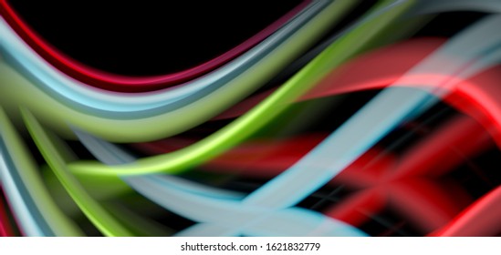 Abstrakte Seide glatte Linien auf schwarzen, mehrfarbigen flüssigen Regenbogenwellen auf Schwarz. Vektorgrafiken für Bildschirmhintergründe, Banner, Hintergrund, Karte, Buch, Illustrationen, Landungsseiten, Deckblatt