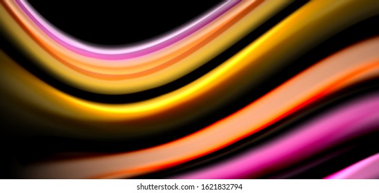 Abstrakte Seide glatte Linien auf schwarzen, mehrfarbigen flüssigen Regenbogenwellen auf Schwarz. Vektorgrafiken für Bildschirmhintergründe, Banner, Hintergrund, Karte, Buch, Illustrationen, Landungsseiten, Deckblatt
