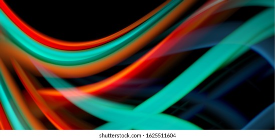 Abstract silk smooth lines on black, multicolored liquid fluid rainbow style waves on black. Vector Illustrations For Wallpaper, Banner, Background, Card, Book, Illustration, landing page, cover