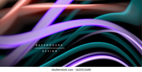Abstract silk smooth lines on black, multicolored liquid fluid rainbow style waves on black. Vector Illustrations For Wallpaper, Banner, Background, Card, Book, Illustration, landing page, cover