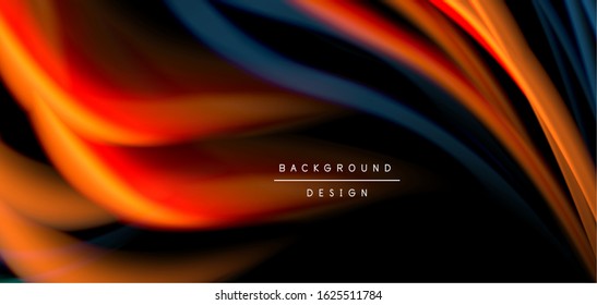 Abstract silk smooth lines on black, multicolored liquid fluid rainbow style waves on black. Vector Illustrations For Wallpaper, Banner, Background, Card, Book, Illustration, landing page, cover