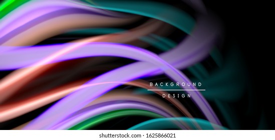 Abstract silk smooth lines on black, multicolored liquid fluid rainbow style waves on black. Vector Illustrations For Wallpaper, Banner, Background, Card, Book, Illustration, landing page, cover