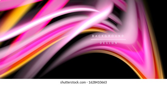 Resumen de líneas suaves de seda sobre ondas negras multicolores de estilo arco iris líquido sobre negro. Ilustraciones vectoriales para papel tapiz, cartel, fondo, tarjeta, libro, ilustración, página de inicio, portada