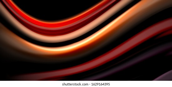 Resumen de líneas suaves de seda sobre ondas negras multicolores de estilo arco iris líquido sobre negro. Ilustraciones vectoriales para papel tapiz, cartel, fondo, tarjeta, libro, ilustración, página de inicio, portada