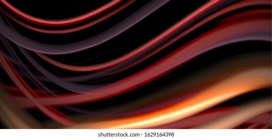 Abstract silk smooth lines on black, multicolored liquid fluid rainbow style waves on black. Vector Illustrations For Wallpaper, Banner, Background, Card, Book, Illustration, landing page, cover
