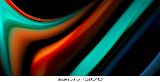 Abstract silk smooth lines on black, multicolored liquid fluid rainbow style waves on black. Vector Illustrations For Wallpaper, Banner, Background, Card, Book, Illustration, landing page, cover