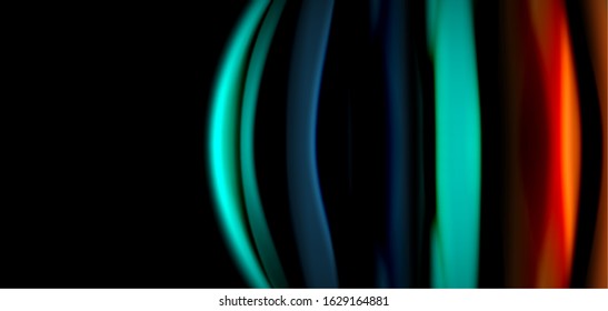 Abstract silk smooth lines on black, multicolored liquid fluid rainbow style waves on black. Vector Illustrations For Wallpaper, Banner, Background, Card, Book, Illustration, landing page, cover