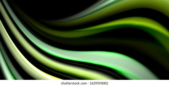 Abstract silk smooth lines on black, multicolored liquid fluid rainbow style waves on black. Vector Illustrations For Wallpaper, Banner, Background, Card, Book, Illustration, landing page, cover