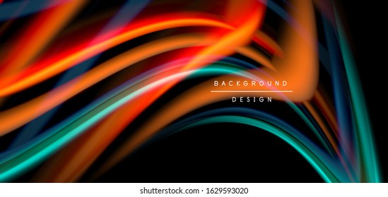 Abstract silk smooth lines on black, multicolored liquid fluid rainbow style waves on black. Vector Illustrations For Wallpaper, Banner, Background, Card, Book, Illustration, landing page, cover