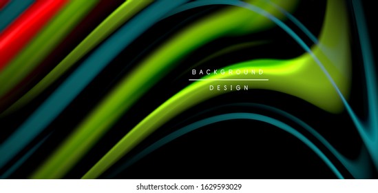 Abstract silk smooth lines on black, multicolored liquid fluid rainbow style waves on black. Vector Illustrations For Wallpaper, Banner, Background, Card, Book, Illustration, landing page, cover
