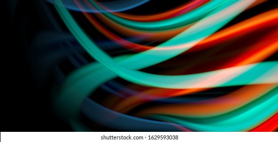 Abstrakte Seide glatte Linien auf schwarzen, mehrfarbigen flüssigen Regenbogenwellen auf Schwarz. Vektorgrafiken für Bildschirmhintergründe, Banner, Hintergrund, Karte, Buch, Illustrationen, Landungsseiten, Deckblatt