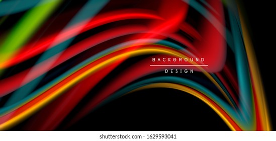 Resumen de líneas suaves de seda sobre ondas negras multicolores de estilo arco iris líquido sobre negro. Ilustraciones vectoriales para papel tapiz, cartel, fondo, tarjeta, libro, ilustración, página de inicio, portada